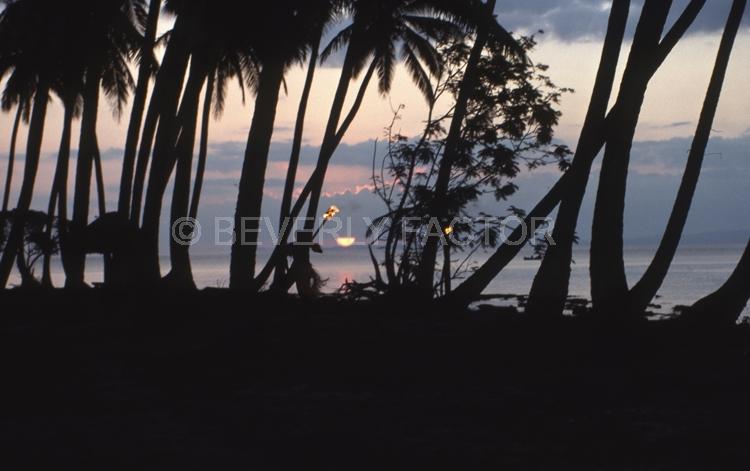 Island;Sunset;sky;clouds;sun;water;red;palm trees;sillouettes;ocean;fiji